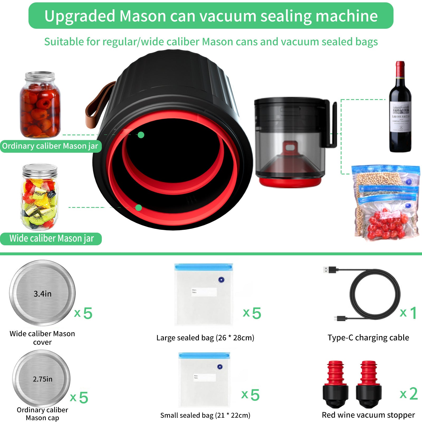 Standard Edition Electric Mason Jar Vacuum Sealer Kit - Automatic Food Preservation System with Wine Stopper & Bags