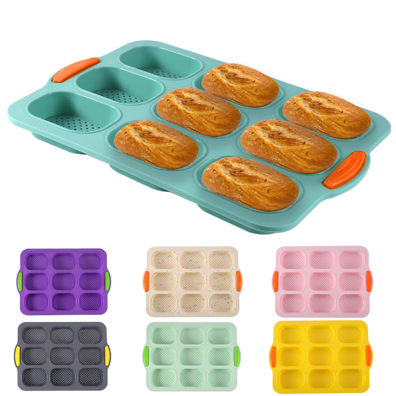 Green Silicone Mini Bread Loaf Baking Mold - Non-Stick 8-Cavity Bakeware Pan with Handles for Baking Cakes and Bread