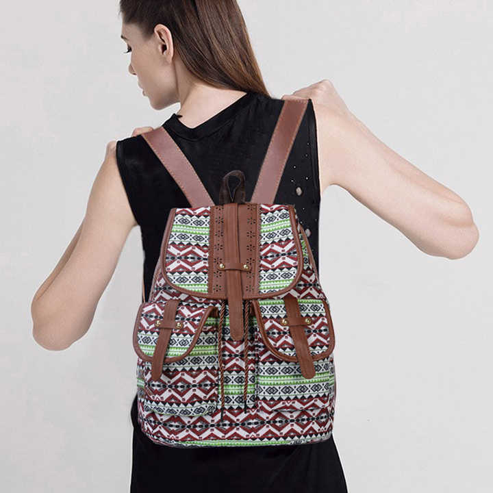 Green Bohemian Style Canvas Backpack - Vintage Tribal Pattern Travel Bag with Leather Straps