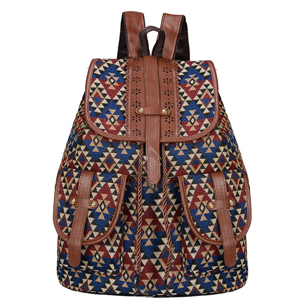 Lozenge Pattern Bohemian Style Canvas Backpack - Vintage Tribal Pattern Travel Bag with Leather Straps