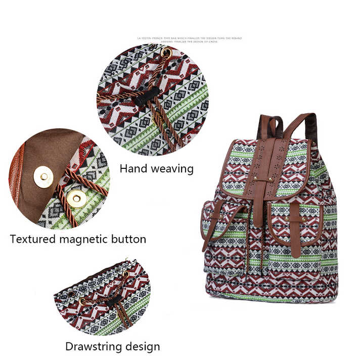 Lozenge Pattern Bohemian Style Canvas Backpack - Vintage Tribal Pattern Travel Bag with Leather Straps