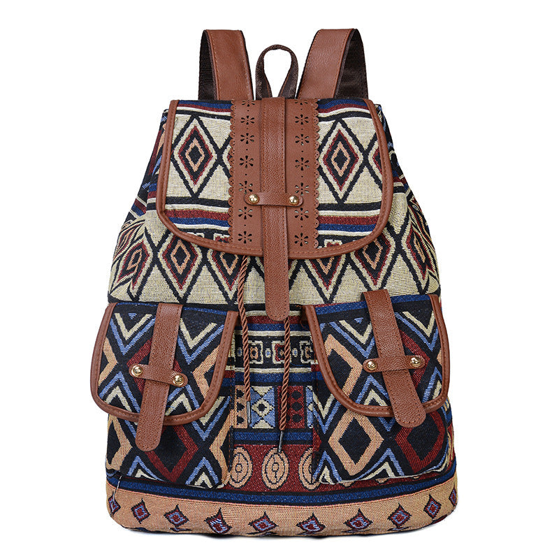 Circular Pattern Bohemian Style Canvas Backpack - Vintage Tribal Pattern Travel Bag with Leather Straps