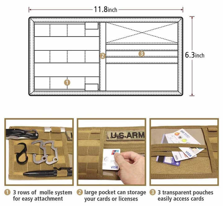 Khaki Car Sun Visor Organizer - Tactical Molle Storage Panel with Multi-Pocket Design