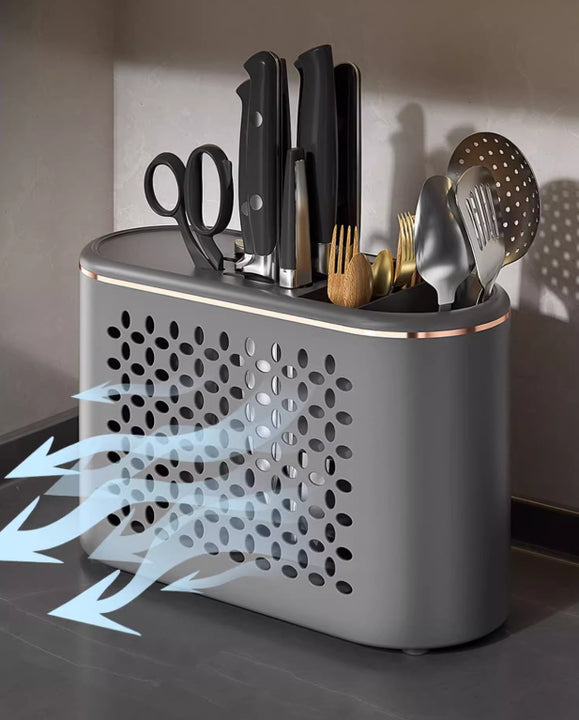 Grey All-in-One Kitchen Knife and Utensil Holder - Multi-Functional Organizer with Storage Drawers