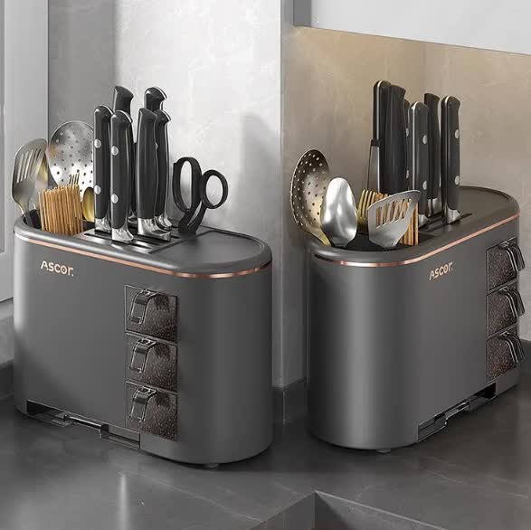 Grey All-in-One Kitchen Knife and Utensil Holder - Multi-Functional Organizer with Storage Drawers