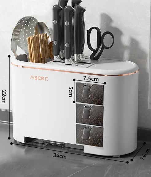 White All-in-One Kitchen Knife and Utensil Holder - Multi-Functional Organizer with Storage Drawers