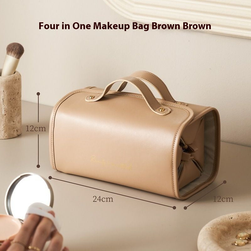 Brown Roll-Up Travel Makeup Bag - Compact Cosmetic Organizer with Multiple Compartments