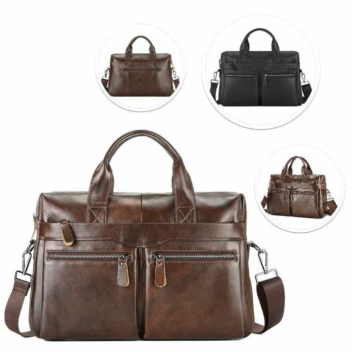 Black Men's Genuine Leather Briefcase - Classic Business Messenger Bag