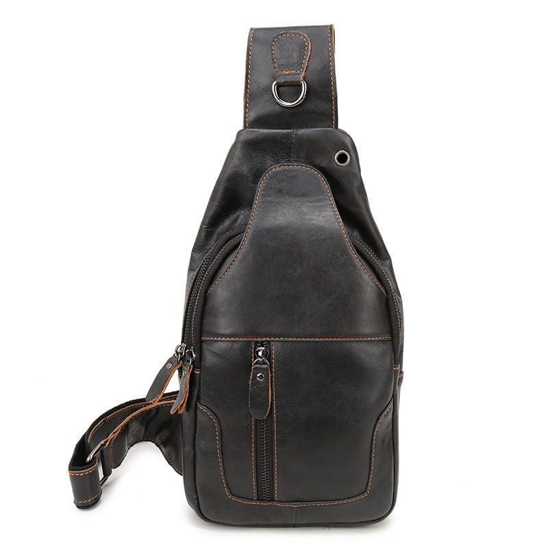 Black Men's Leather Sling Backpack - Casual Crossbody Chest Bag