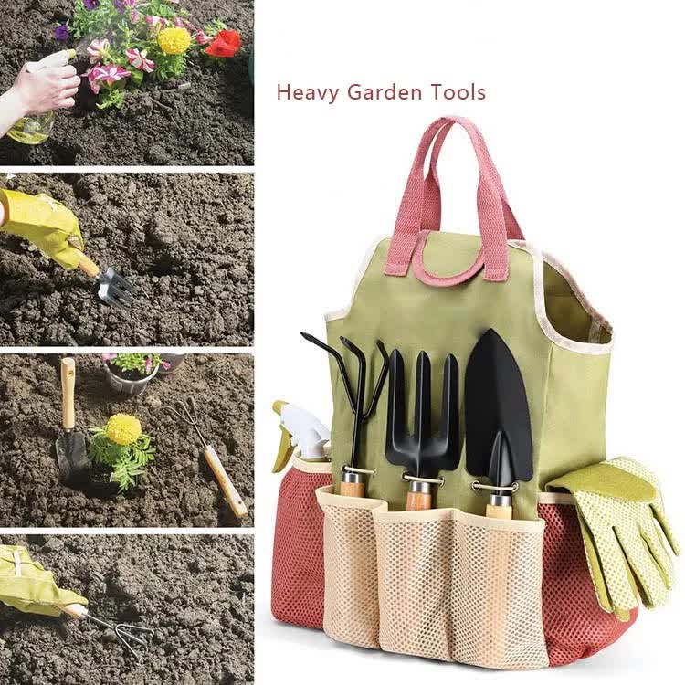 Pink-green 9-Piece Garden Tool Set with Storage Tote - Heavy Duty Gardening Kit