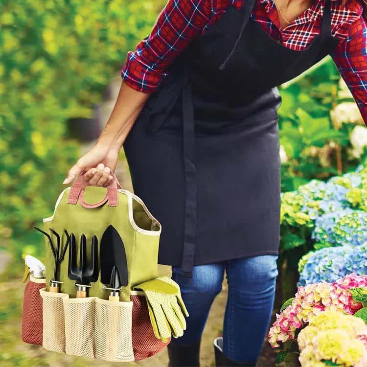 Pink-green 9-Piece Garden Tool Set with Storage Tote - Heavy Duty Gardening Kit