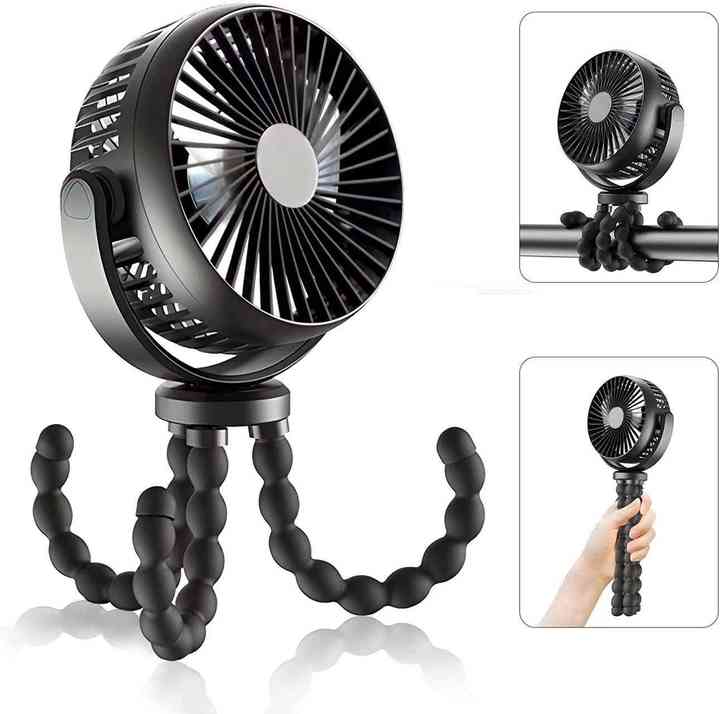 Black Mini Portable Baby Stroller Fan with Flexible Tripod