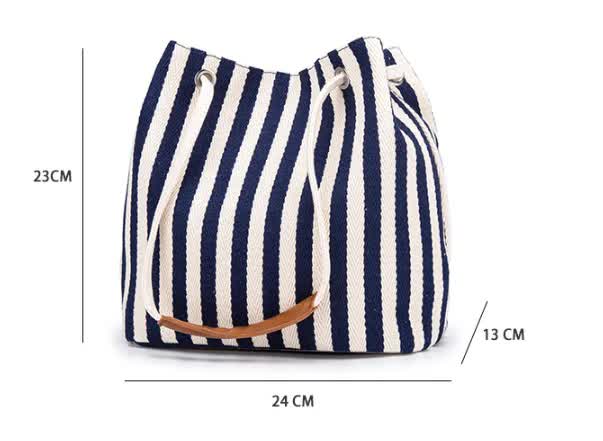 Blue Stripes Canvas Bucket Tote Bag with Leather Handle