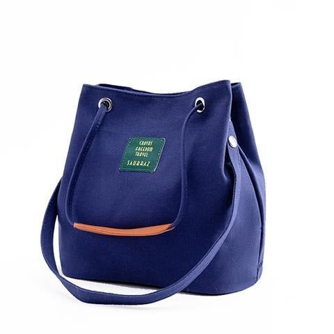 Blue Canvas Bucket Tote Bag with Leather Handle