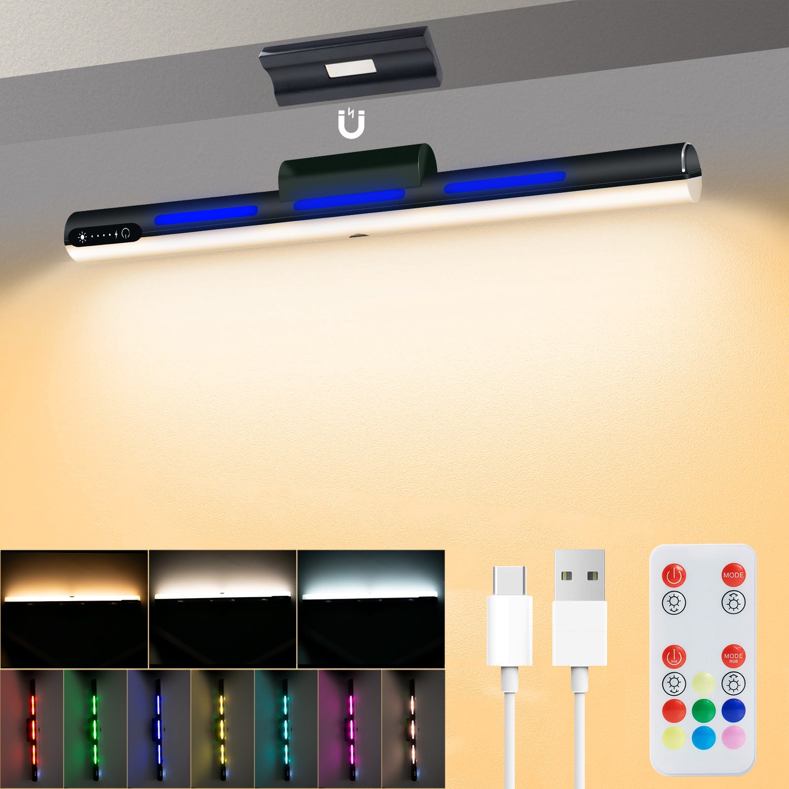 Black Rechargeable LED Desk Light with Adjustable RGB and Study Mode