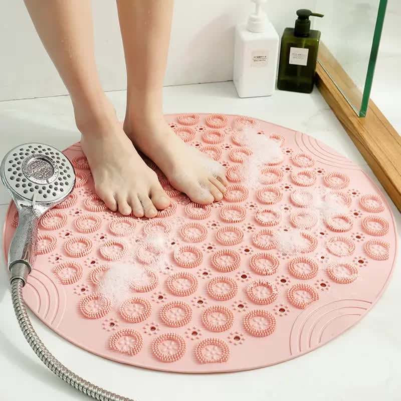 Pink Non-Slip Round Shower Foot Scrubber Mat - Soft Silicone Massage Pad for Foot Cleaning