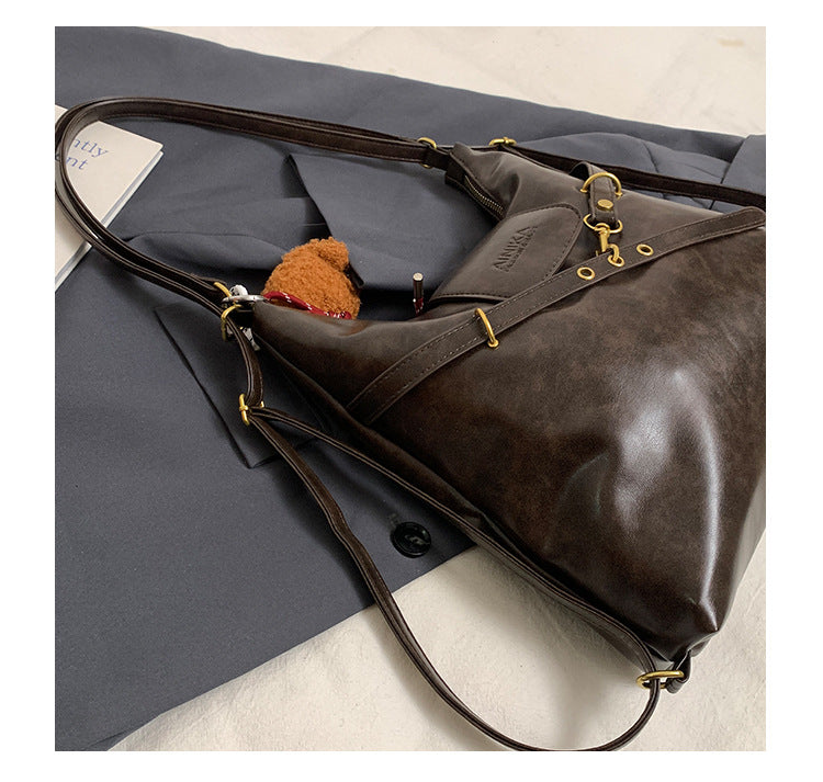 Dark Brown Elegant Faux Leather Shoulder Bag with Adjustable Strap