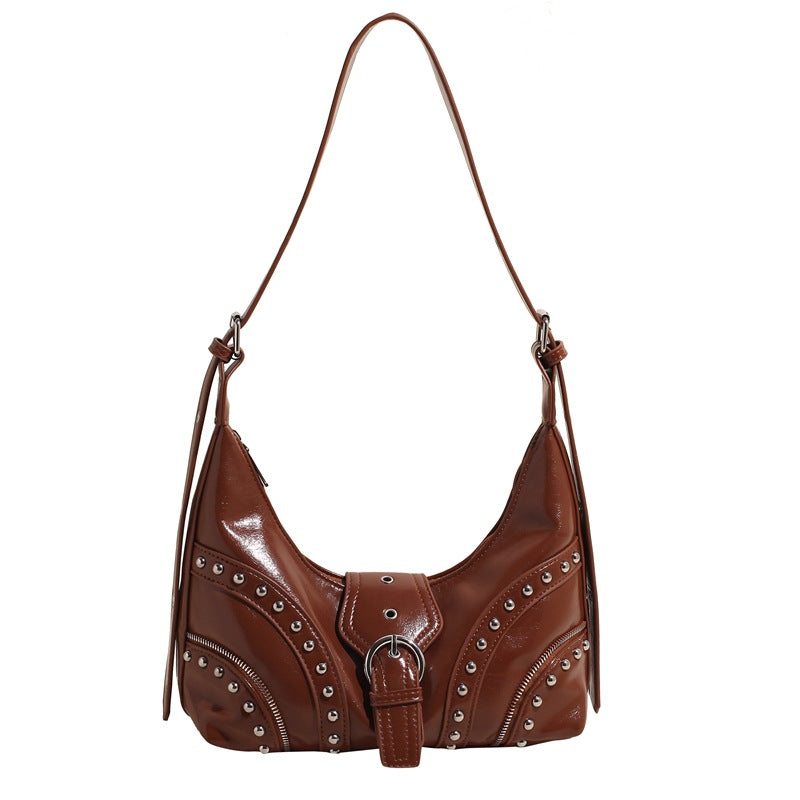 Brown Vintage Studded PU Leather Shoulder Bag with Adjustable Strap