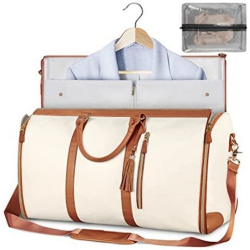 Beige Convertible Garment Duffel Bag with Leather Accents - Travel Weekender Bag for Suits and Dresses