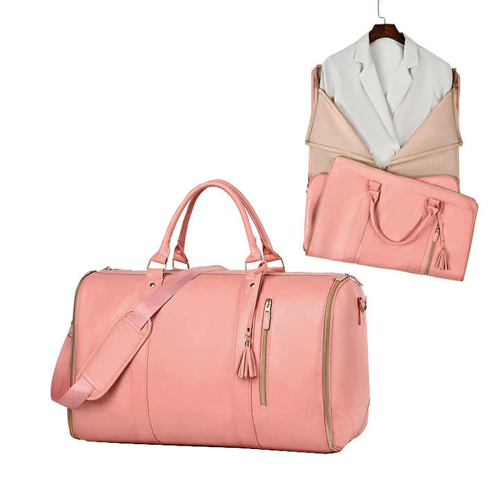 White And Brown PU Leather Foldable Garment Bag, Women's Travel Duffel with Suit Carrier, Multi-Function Storage