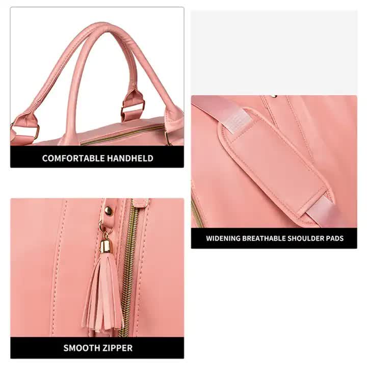 White And Brown PU Leather Foldable Garment Bag, Women's Travel Duffel with Suit Carrier, Multi-Function Storage