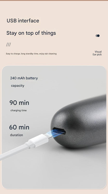 White Rechargeable Visual Electric Ear Cleaner with LED Light – Safe and Effective Ear Wax Removal Tool for Adults and Children