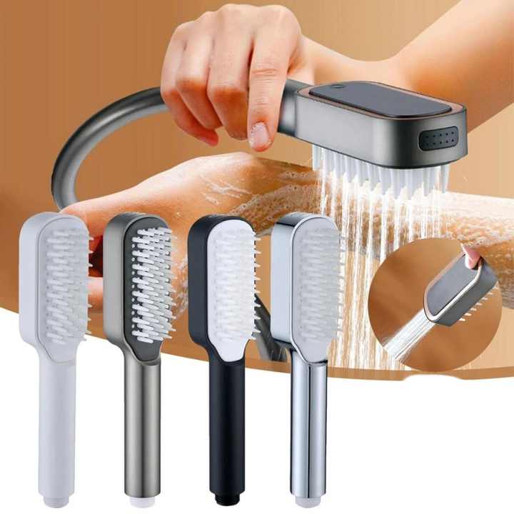 Black Handheld Shower Head with Silicone Brush and Massage Function - High-Pressure Water Spray