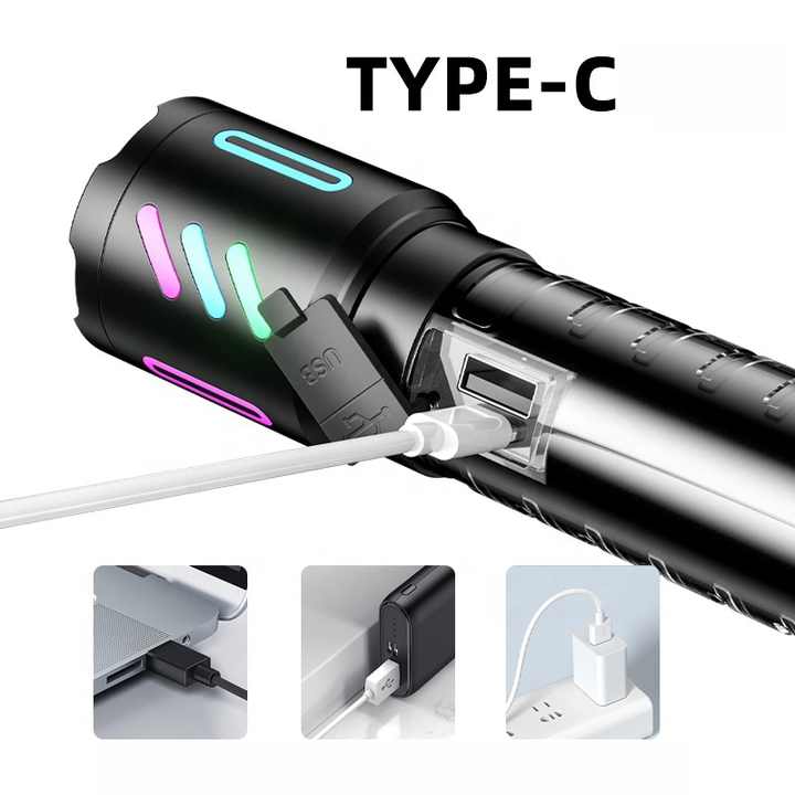 LED Rechargeable Laser Flashlight – Multifunctional Type-C Strong Light Torch with Adjustable Zoom