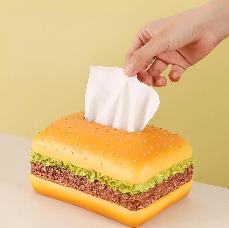 Square Creative Burger Tissue Box - Fun American-Style Cartoon Paper Towel Holder for Home Décor and Gifts