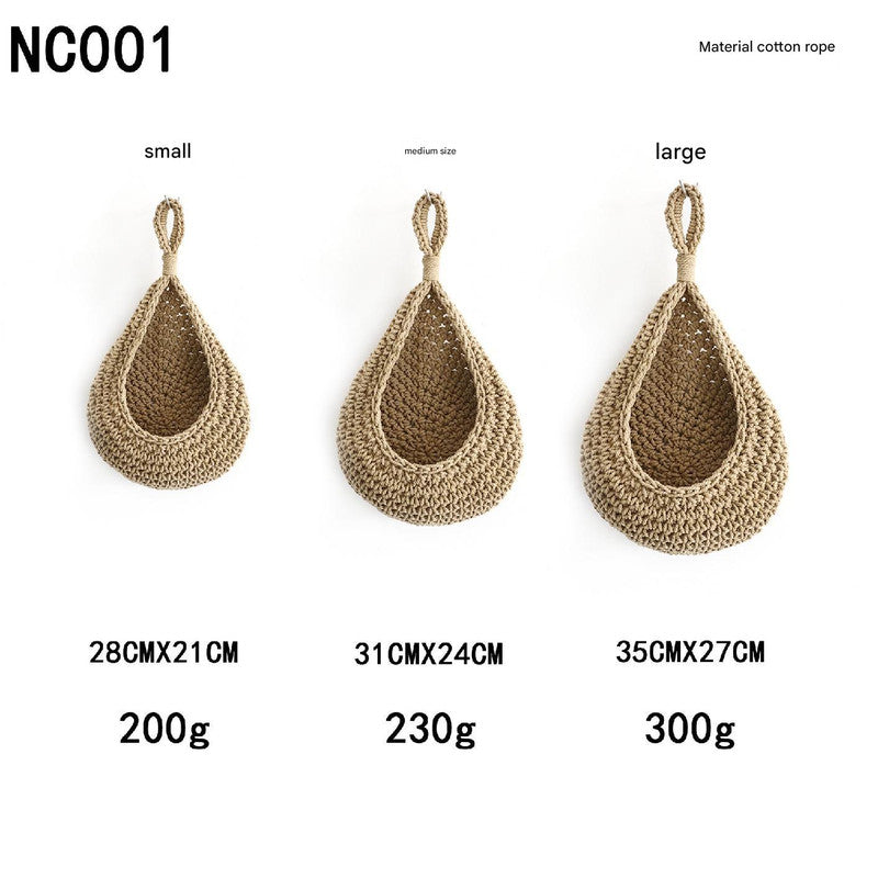 Khaki 3-Piece Wall-Mounted Cotton Rope Storage Baskets – Large, Medium, and Small Hand-Woven Fruit/Vegetable/Storage Nets Large weight 300g, Medium weight 230g, Small weight 200g