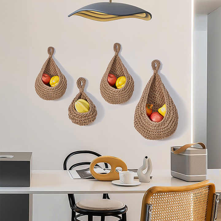 Grey 3-Piece Wall-Mounted Cotton Rope Storage Baskets – Large, Medium, and Small Hand-Woven Fruit/Vegetable/Storage Nets Large weight 300g, Medium weight 230g, Small weight 200g