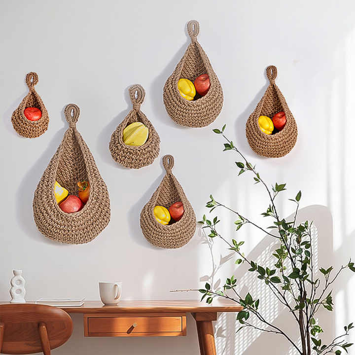 Grey 3-Piece Wall-Mounted Cotton Rope Storage Baskets – Large, Medium, and Small Hand-Woven Fruit/Vegetable/Storage Nets Large weight 300g, Medium weight 230g, Small weight 200g