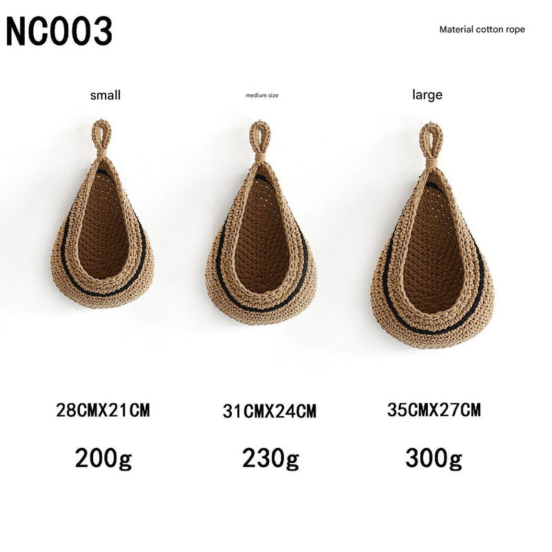 Khaki 3-Piece Wall-Mounted Cotton Rope Storage Baskets – Large, Medium, and Small Hand-Woven Fruit/Vegetable/Storage Nets Large weight 300g, Medium weight 230g, Small weight 200g