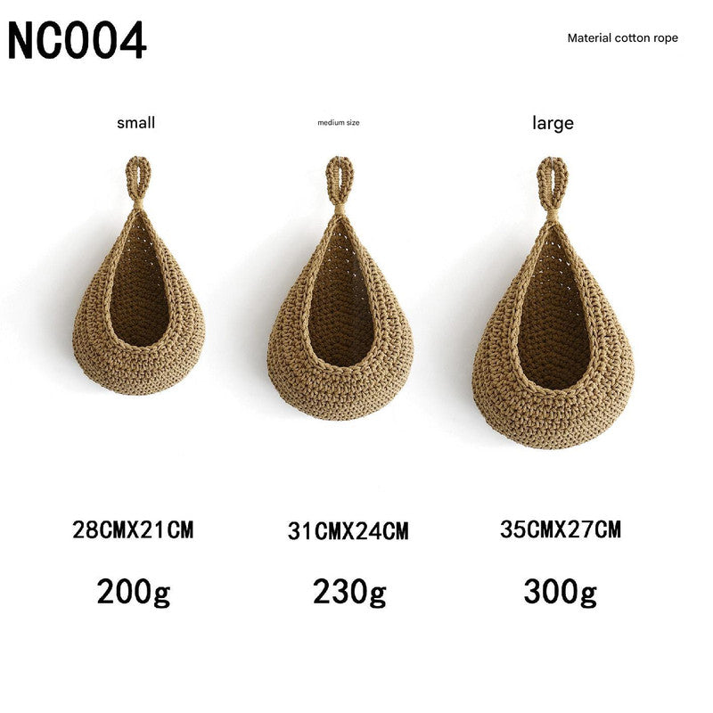 Khaki 3-Piece Wall-Mounted Cotton Rope Storage Baskets – Large, Medium, and Small Hand-Woven Fruit/Vegetable/Storage Nets Large weight 300g, Medium weight 230g, Small weight 200g
