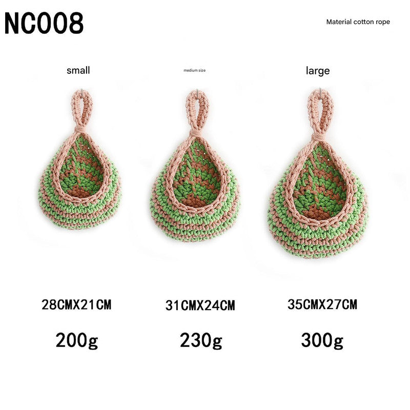 Green And Pink 3-Piece Wall-Mounted Cotton Rope Storage Baskets – Large, Medium, and Small Hand-Woven Fruit/Vegetable/Storage Nets Large weight 300g, Medium weight 230g, Small weight 200g