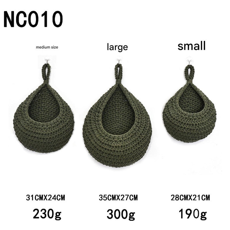 Green 3-Piece Wall-Mounted Cotton Rope Storage Baskets – Large, Medium, and Small Hand-Woven Fruit/Vegetable/Storage Nets Large weight 300g, Medium weight 230g, Small weight 200g