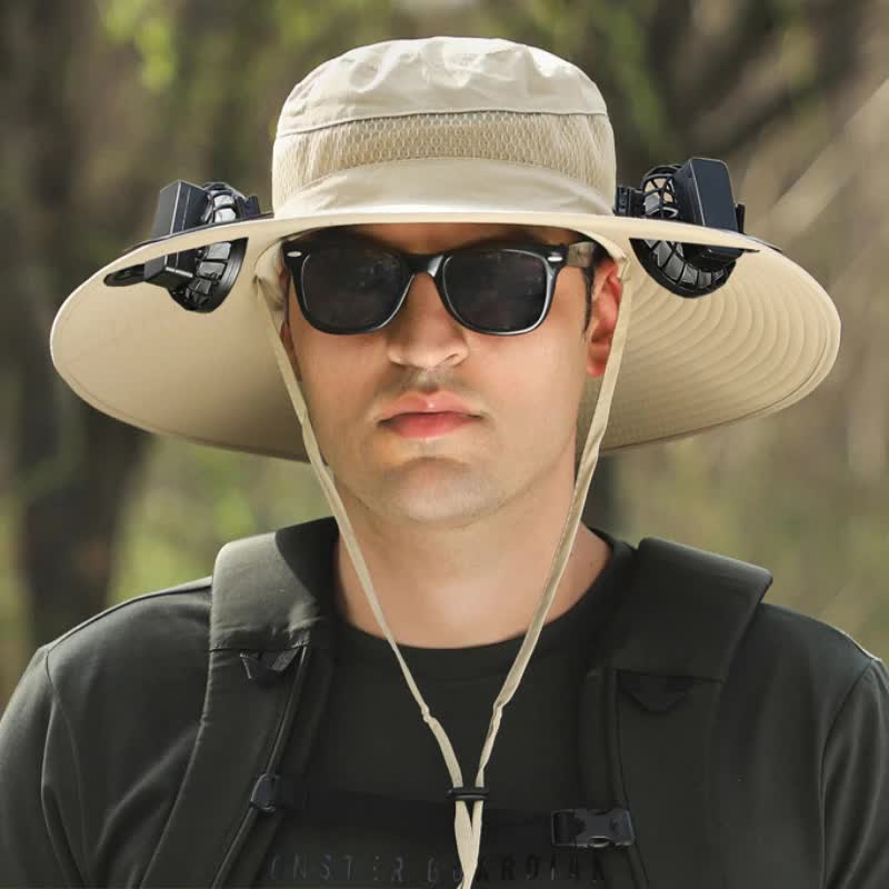 Khaki Solar-Powered Cooling Wide Brim Hat - USB Rechargeable Dual Fan Fisherman Cap - UPF50+ Sun Protection and Quick-Dry Design for Men and Women