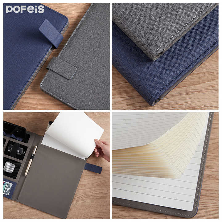 Grey A4 Leather Multi-Functional Business Document Folder with Card Slots - Contract File Organizer