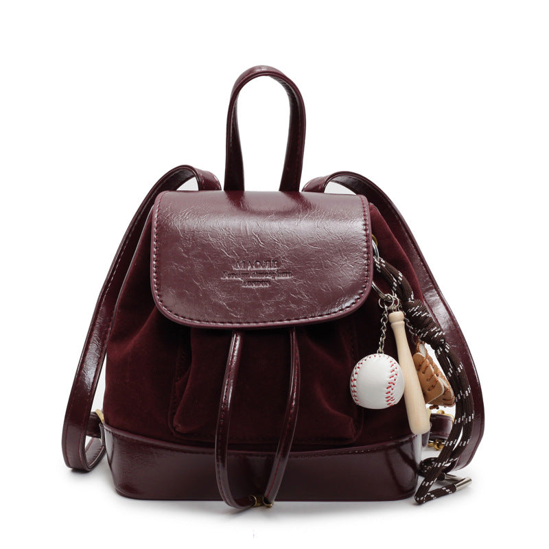 Claret Vintage Suede Women's Mini Backpack - New Fashionable Travel Book Bag with Decorative Charm