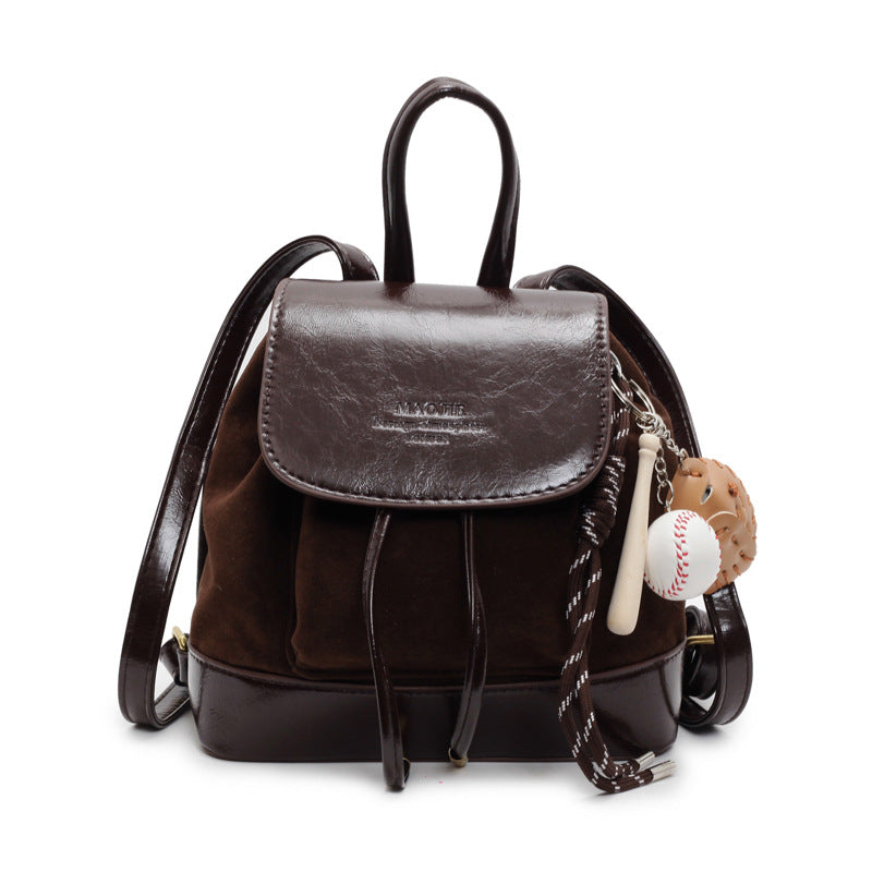 Brown Vintage Suede Women's Mini Backpack - New Fashionable Travel Book Bag with Decorative Charm