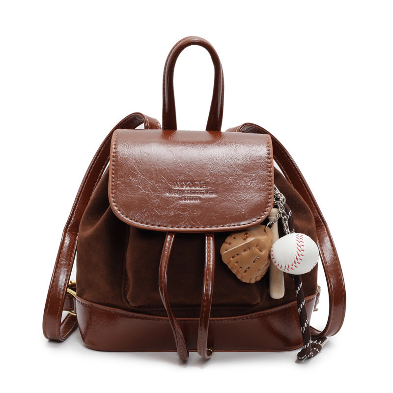 Light Brown Vintage Suede Women's Mini Backpack - New Fashionable Travel Book Bag with Decorative Charm