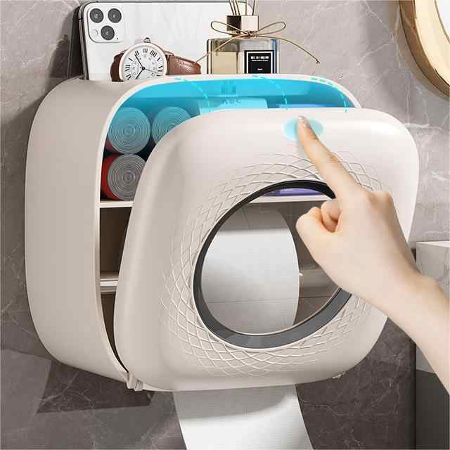 Light Khaki Wall-Mounted Bathroom Tissue Box - Waterproof Paper Towel Dispenser with Storage Shelf, No-Drill Design Tissue Box Only