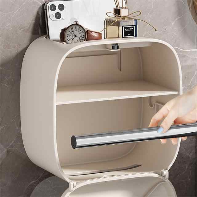 Light Khaki Wall-Mounted Bathroom Tissue Box - Waterproof Paper Towel Dispenser with Storage Shelf, No-Drill Design Tissue Box Only