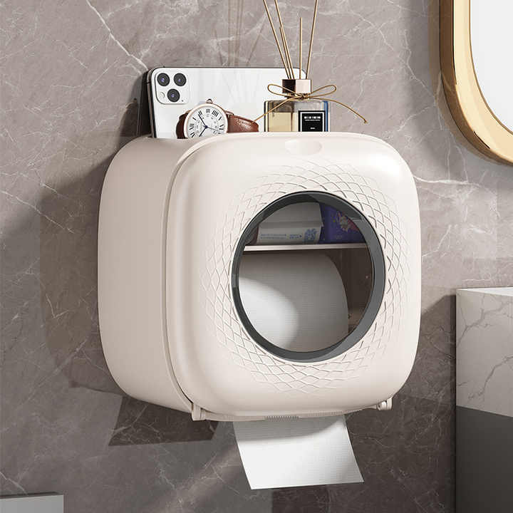 Light Yellow Wall-Mounted Bathroom Tissue Box - Waterproof Paper Towel Dispenser with Storage Shelf, No-Drill Design Tissue box only