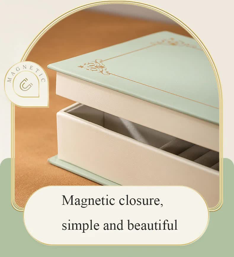Light Green Creative PU Jewelry Storage Book - Magnetic Closure Organizer for Earrings, Rings, and Necklaces The Jewelry is a prop for the photo shoot and is not included