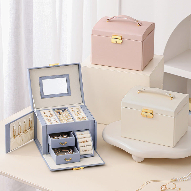 Light Blue Luxury PU Leather Jewelry Storage Box - 3-Tier Organizer with Mirror for Necklaces, Earrings, and Rings Jewelry is a photo prop and is not included