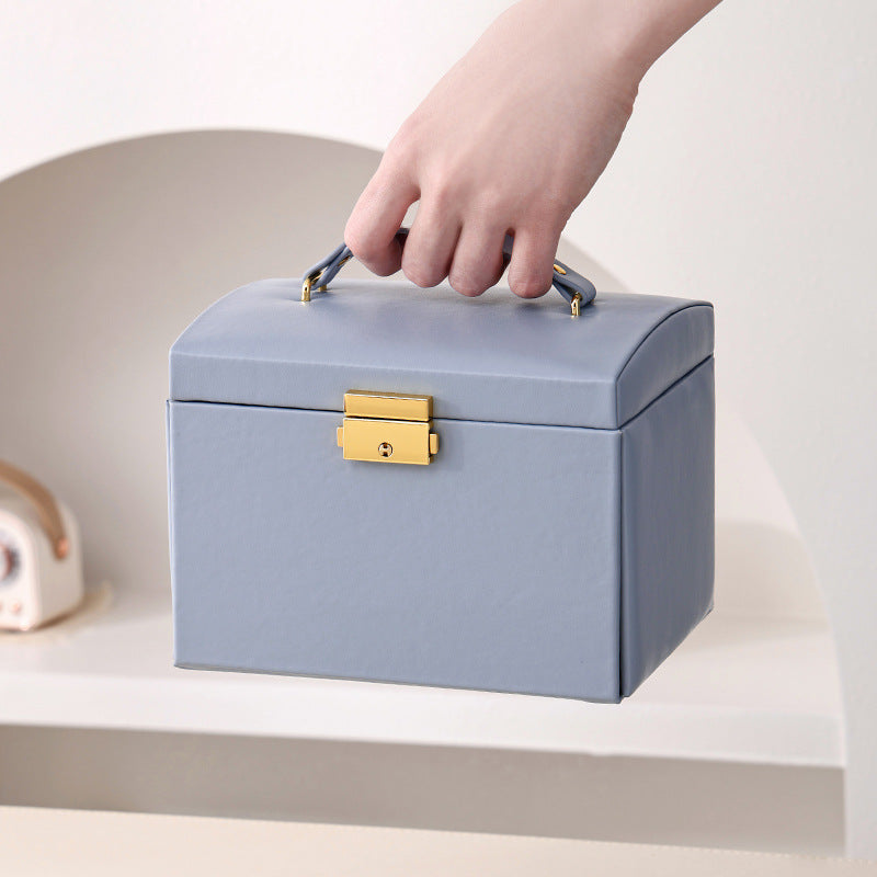 Light Blue Luxury PU Leather Jewelry Storage Box - 3-Tier Organizer with Mirror for Necklaces, Earrings, and Rings Jewelry is a photo prop and is not included