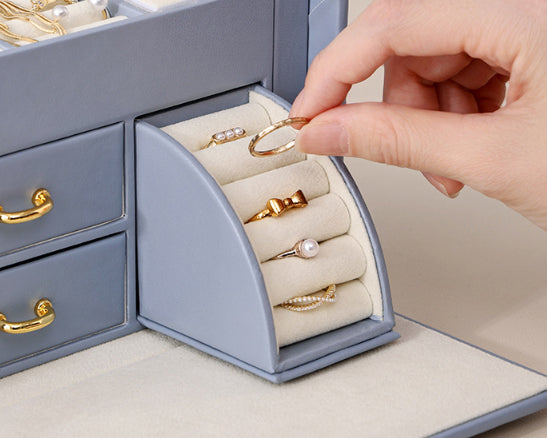 Light Blue Luxury PU Leather Jewelry Storage Box - 3-Tier Organizer with Mirror for Necklaces, Earrings, and Rings Jewelry is a photo prop and is not included