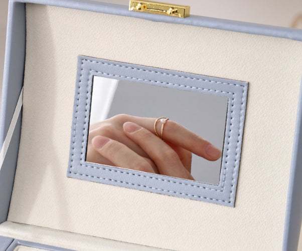 Light Blue Luxury PU Leather Jewelry Storage Box - 3-Tier Organizer with Mirror for Necklaces, Earrings, and Rings Jewelry is a photo prop and is not included