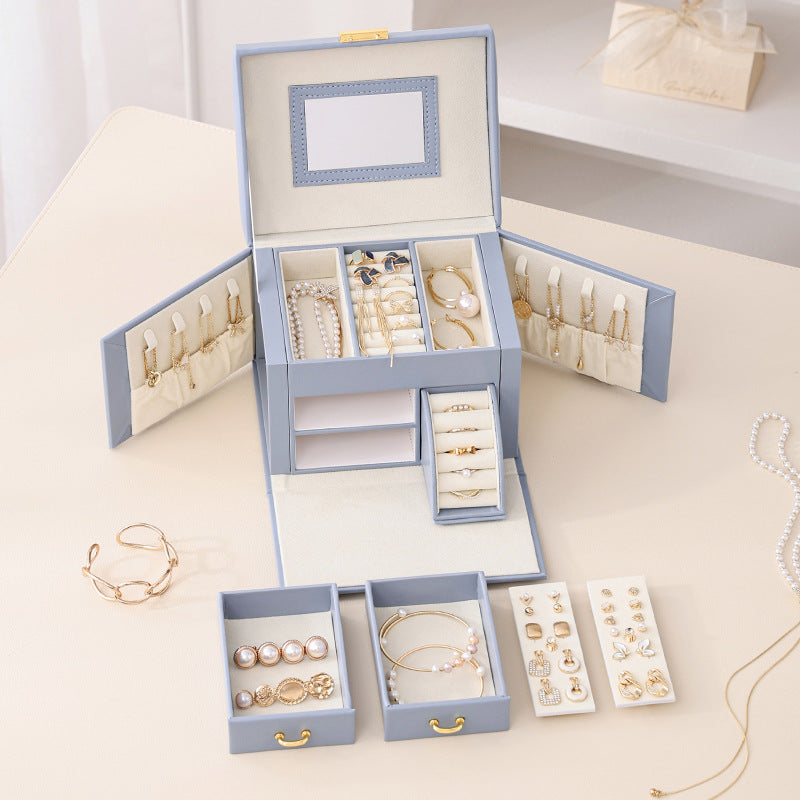 White Luxury PU Leather Jewelry Storage Box - 3-Tier Organizer with Mirror for Necklaces, Earrings, and Rings Jewelry is a photo prop and is not included